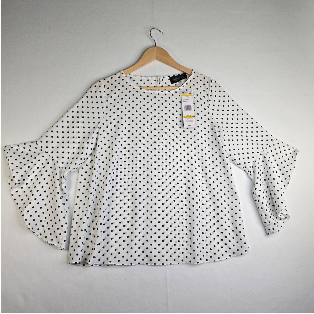 Black Label by Evan-Picone Polka Dot Ruffle Bell Sleeve Blouse White Black M NWT